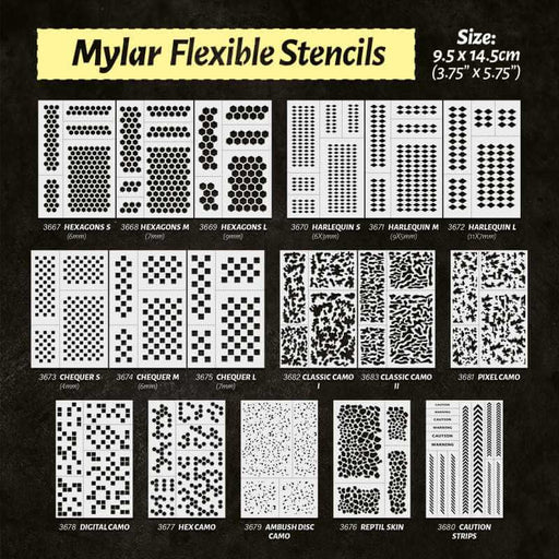 Mylar flexible stencils. Size: 9.5 x 14.5 cm (3.75'' x 5.75''). Showing all variants.