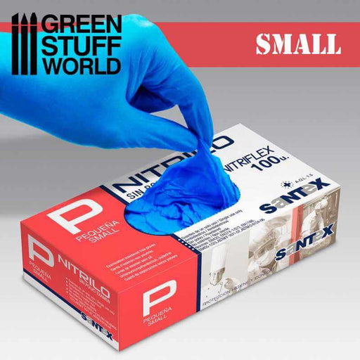 Hand wearing nitrile gloves, picking up another pair of nitrile gloves from a box, size S