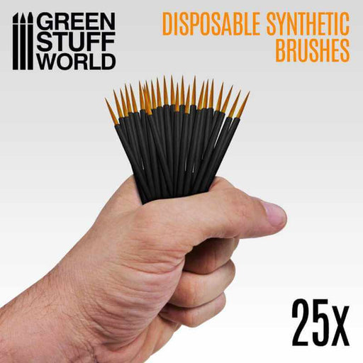 Hand holding 25x disposable synthetic brushes