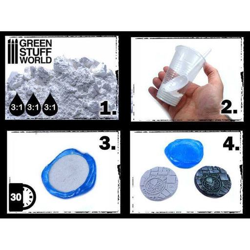 4 pictures in picture showing how to use Acrylic resin. Upper right corner showing resin - add 3 times the resin to water ratio. Upper left corner showing a glass and a spoon to mix the resin. Lower left corner showing resin poured in a mold left to harden 30 minutes. lower right showing the final result.