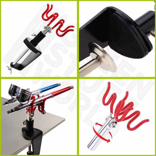 Airbeush holder. Showing the entire holder, colse-up on clamp, showing two airbrushes on the holder and showing that the holder is spinable.