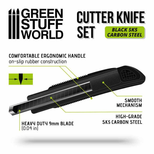 Black hobby cutter knife set. Vlack SK5 carbon steel. Comfortable ergonomic handle. On-slip ribber construction. Smooth mechanism. High-grade SK5 carbon steel. Heavy duty 9mm blade.