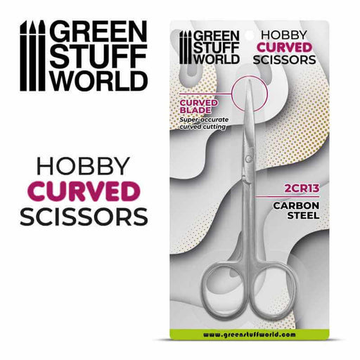 Hobby scissor with curved blade in its' package. Curved blade super accurate curved cutting. 2CR13 carbon steel.