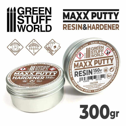Maxx two part putty in cans  - resin and hardener. 300gram. Rockhard resistance. Waterproof. Multipurpose.