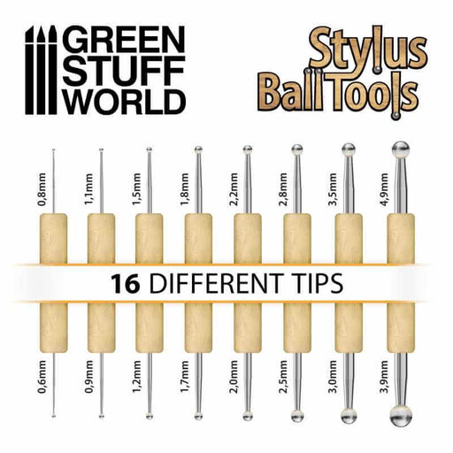 8 double sided metall ball stylus sculpting tools with their measurements: 0.6mm, 0.8mm, 0.9mm, 1.1mm, 1.2mm, 1.5mm, 1.7mm, 1.8mm, 2.0mm, 2.2mm, 2.5mm, 2.8mm, 3.0mm, 3.5mm, 3.9mm and 4.9mm