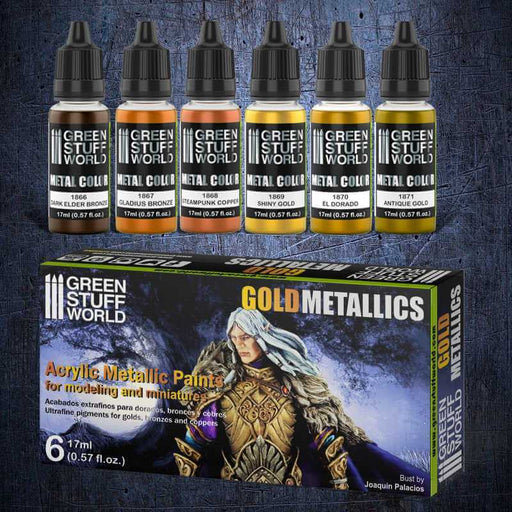 the 6 bottles of the metallic gold paintset and the front cover of the set's box